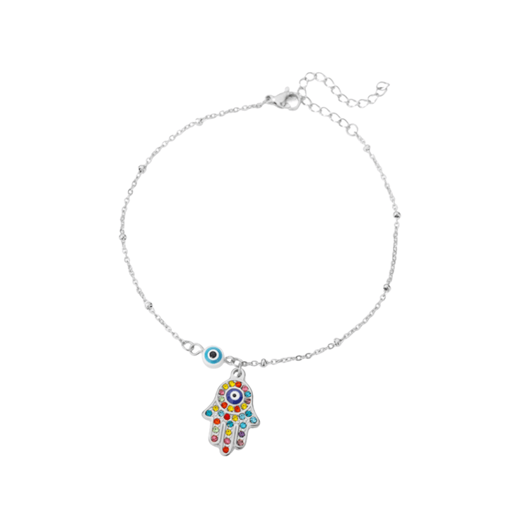 Hamsa Hand Anklet w/ Colored Zircons