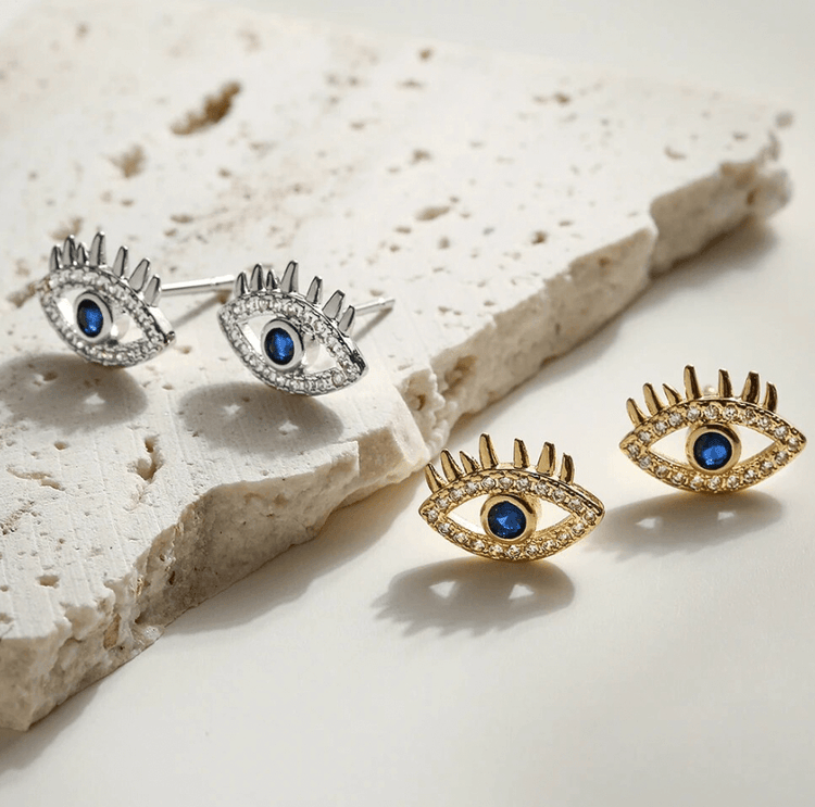 Evil Eye Stud Earrings w/ Blue Cubic Zircon