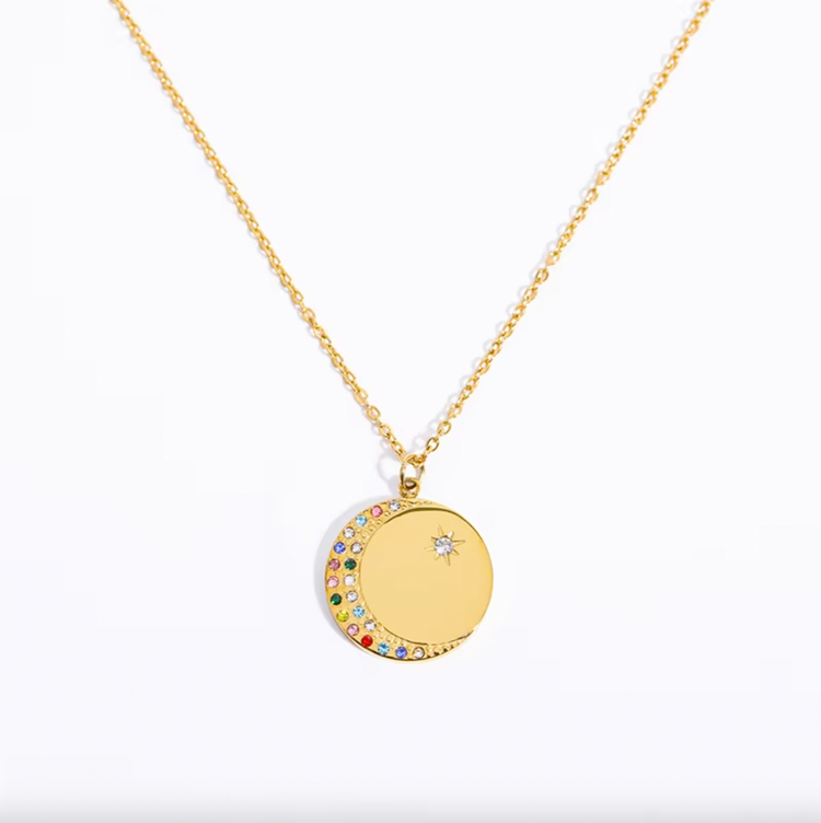 Crescent & Star Necklace w/ Colored Zircons