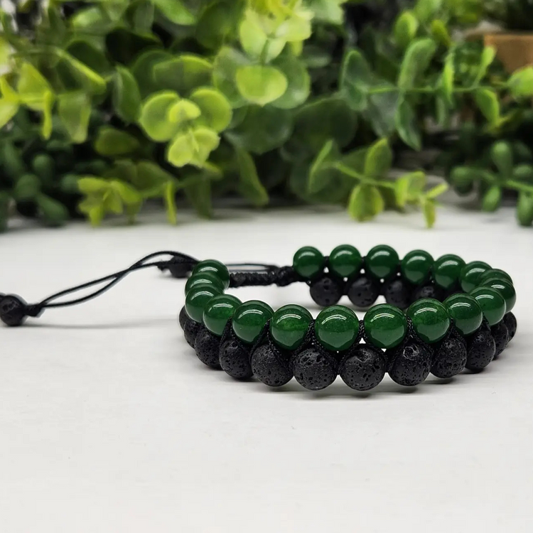 Green Jade & Black Lava Double Layer Woven Bracelet - Prosperity | Protection | Strength