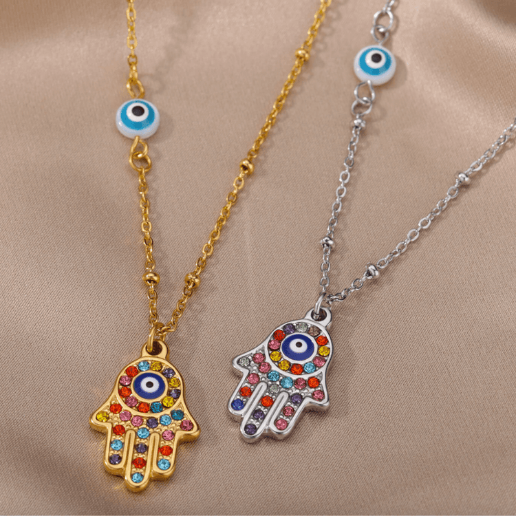 Hamsa Hand Necklace w/ Colored Zircons