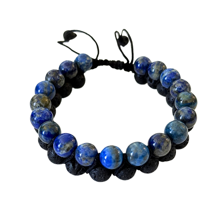 Lapis Lazuli & Black Lava Double Layer Woven Bracelet - Grounding | Intuition
