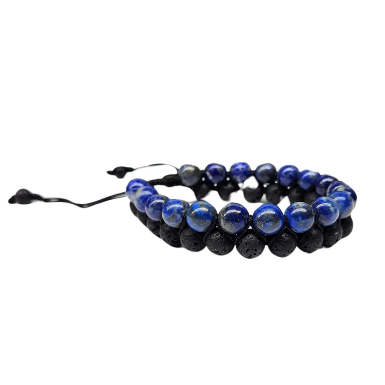 Lapis Lazuli & Black Lava Double Layer Woven Bracelet - Grounding | Intuition