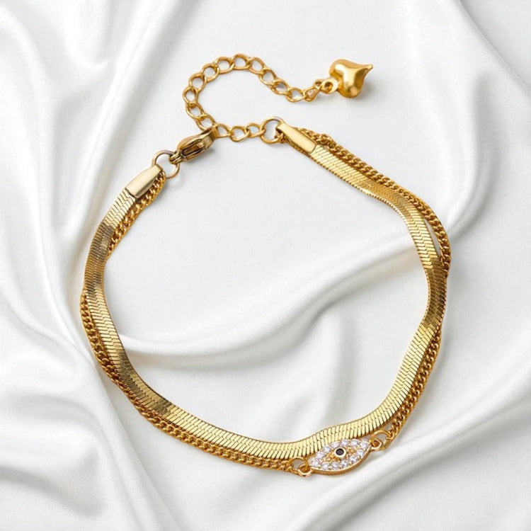 Double Layer Herringbone Evil Eye Anklet