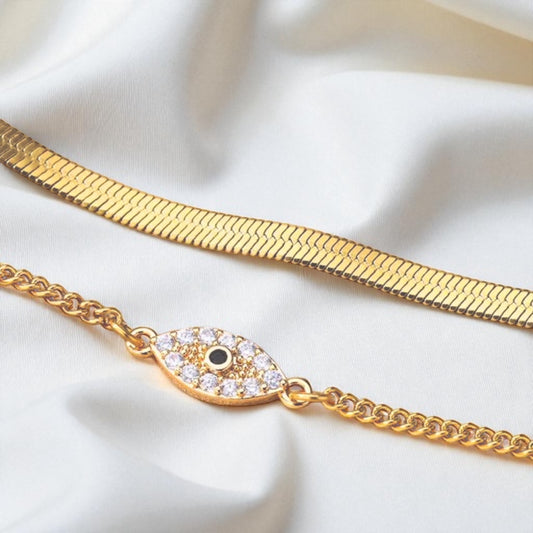 Double Layer Herringbone Evil Eye Anklet