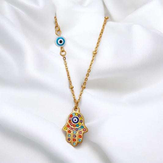 Hamsa Hand Necklace w/ Colored Zircons