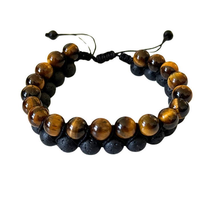 Tiger's Eye & Black Lava Double Layer Woven Bracelet - Grounding | Intuition